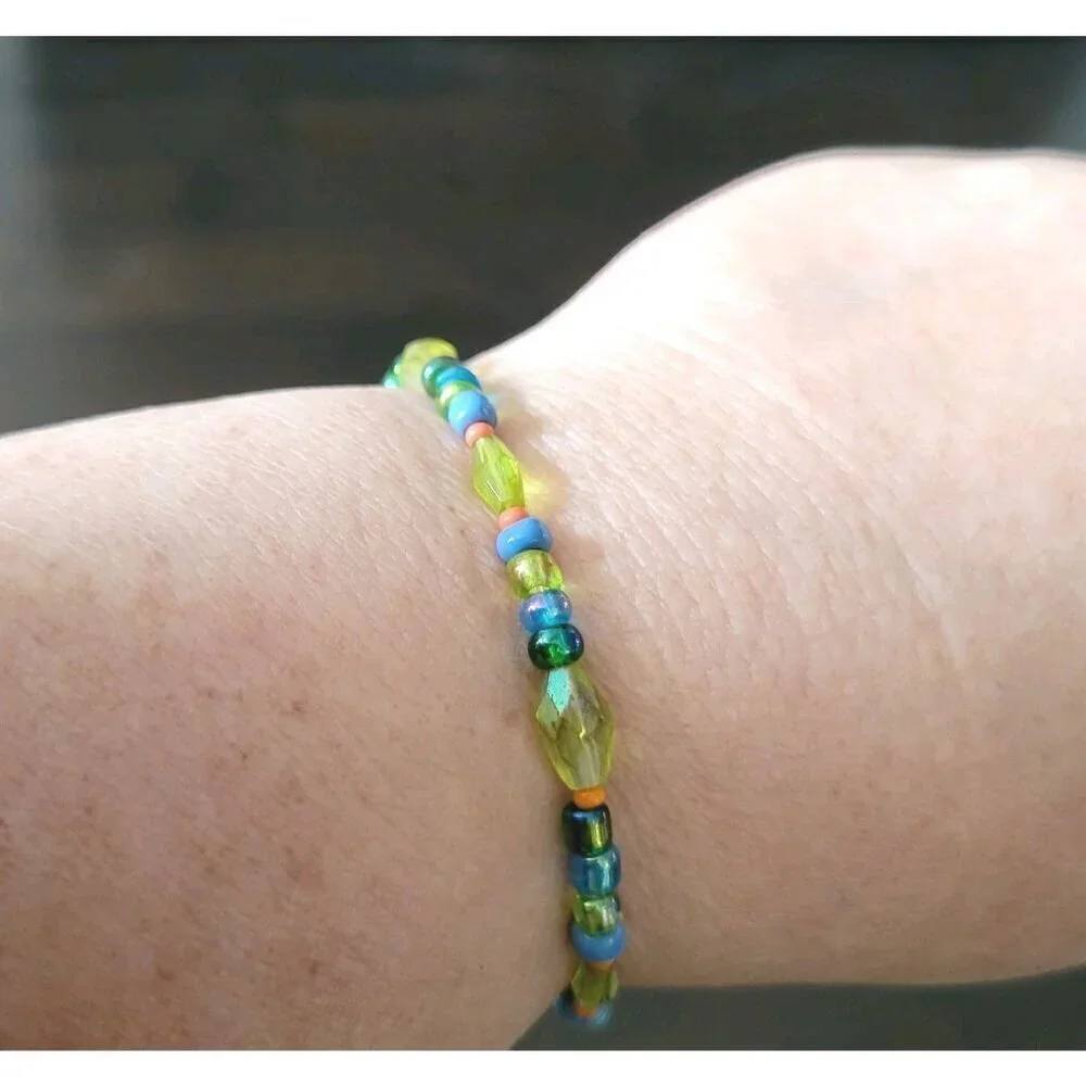Beaded Stretch Bracelet Blue Green Orange Dainty Delicate Beautiful